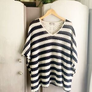 Neiman Marcus Navy Blue & Cream Strioed Knit Poncho Lace Back